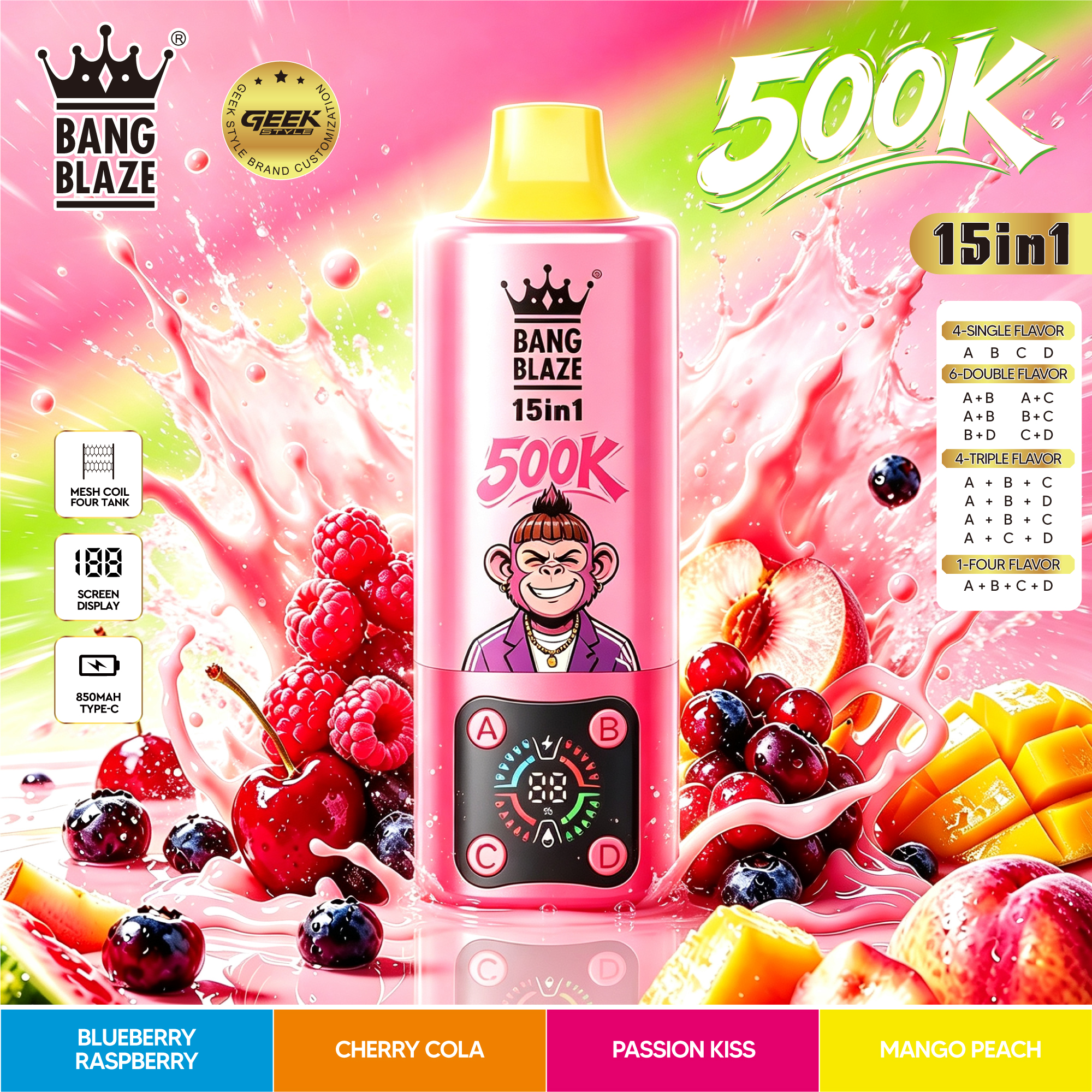 Bang Blaze 500000 500K Puffs, Disposable Vape 15 in 1 Flavor, 90ml Eliquid, 850mAh Battery, 10 Flavors - Yohongvape wholesale disposable vape