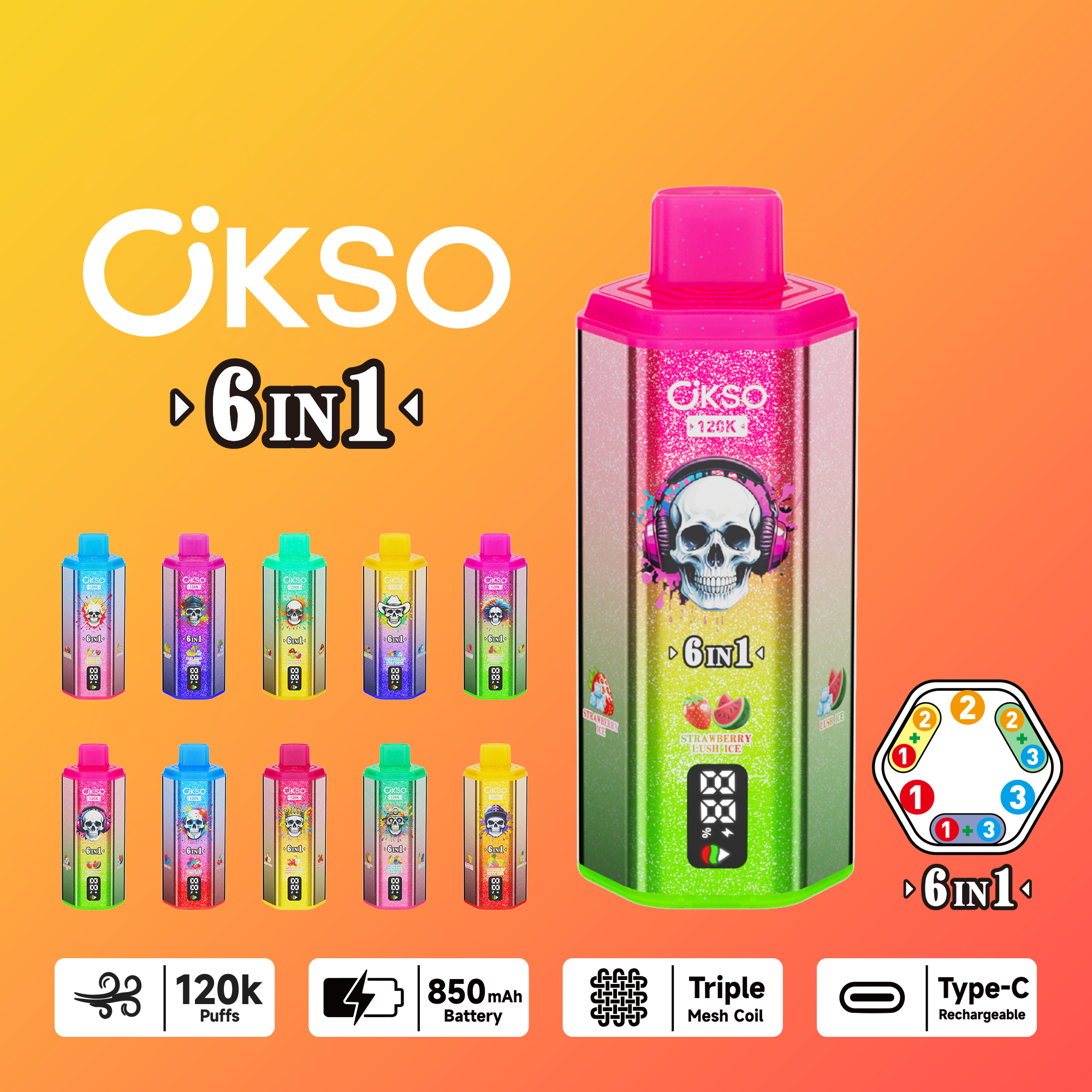 OKSO 120000 Puff 120K 6 in1 Disposable Vape Type C Charge 10 Flavors, 850 mah Battery, 0%/2%/3%/5% Nicotine - Yohongvape wholesale disposable vape
