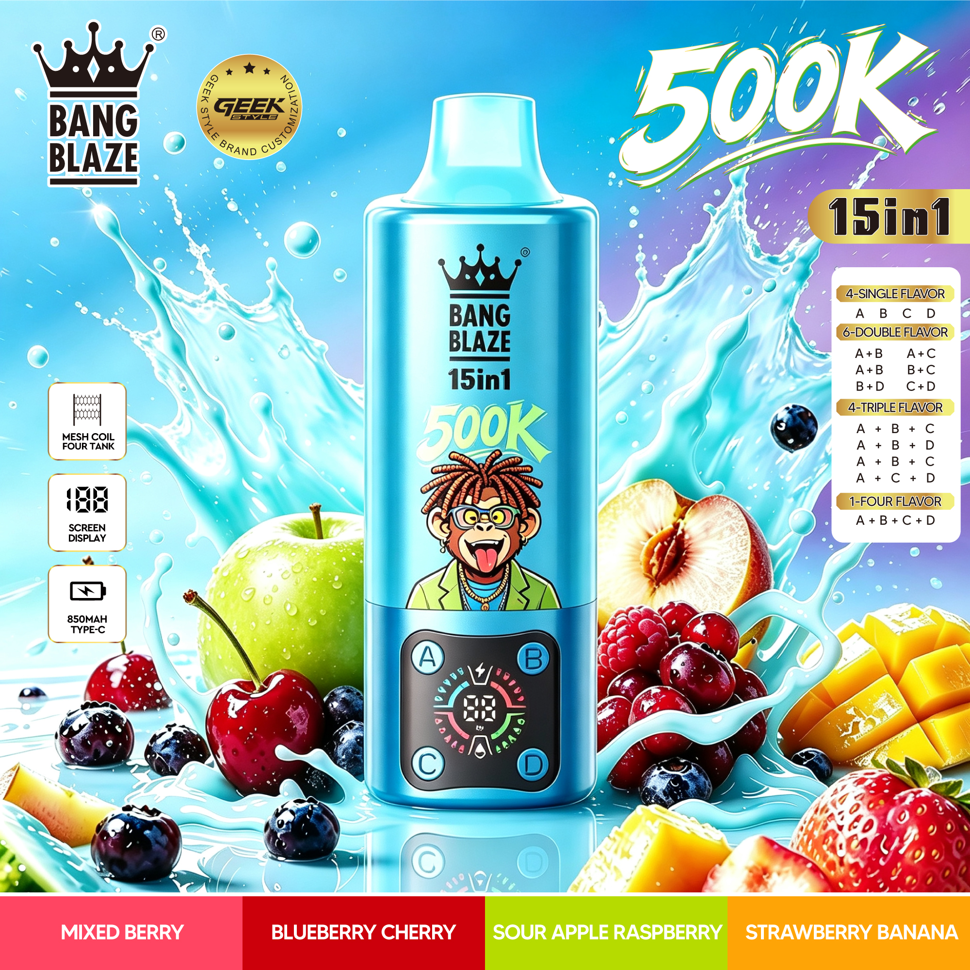 Bang Blaze 500000 500K Puffs, Disposable Vape 15 in 1 Flavor, 90ml Eliquid, 850mAh Battery, 10 Flavors - Yohongvape wholesale disposable vape