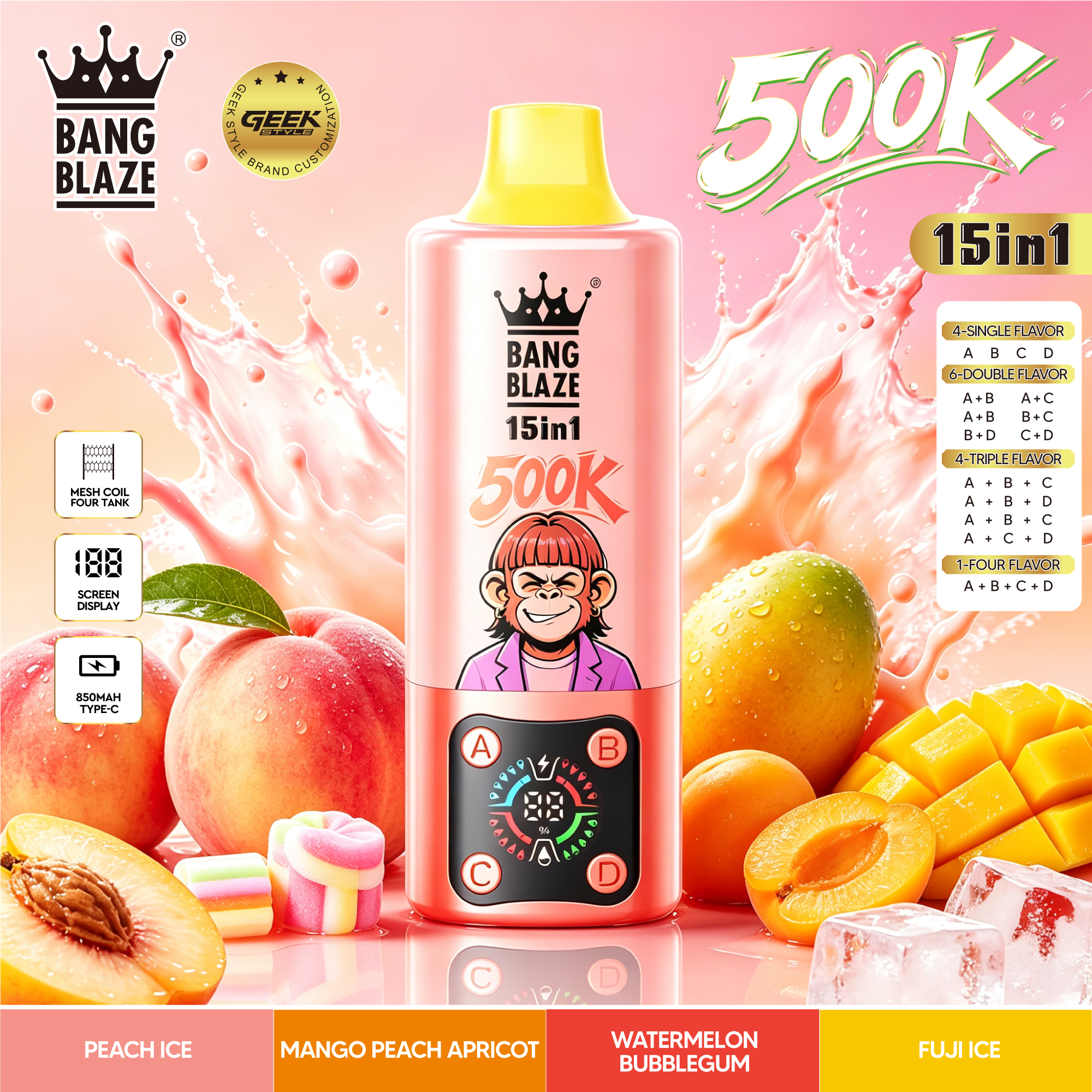 Bang Blaze 500000 500K Puffs, Disposable Vape 15 in 1 Flavor, 90ml Eliquid, 850mAh Battery, 10 Flavors - Yohongvape wholesale disposable vape