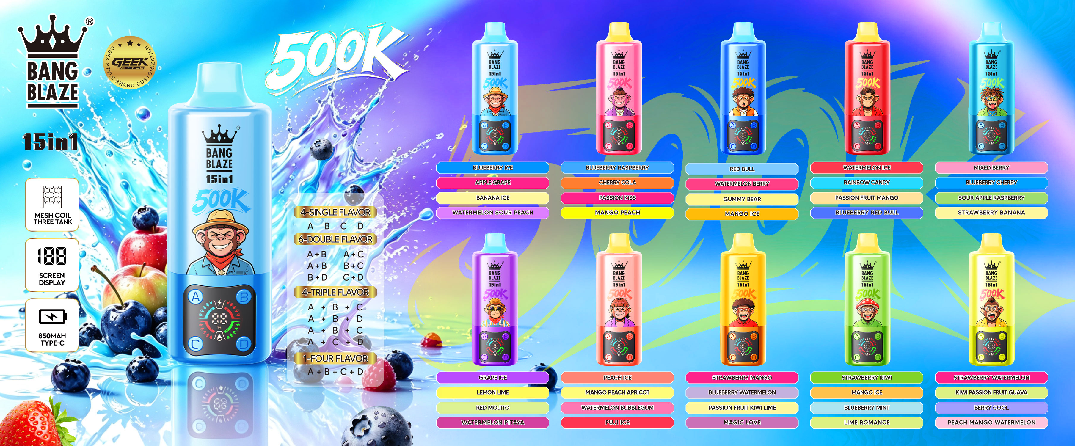Bang Blaze 500000 500K Puffs, Disposable Vape 15 in 1 Flavor, 90ml Eliquid, 850mAh Battery, 10 Flavors - Yohongvape wholesale disposable vape