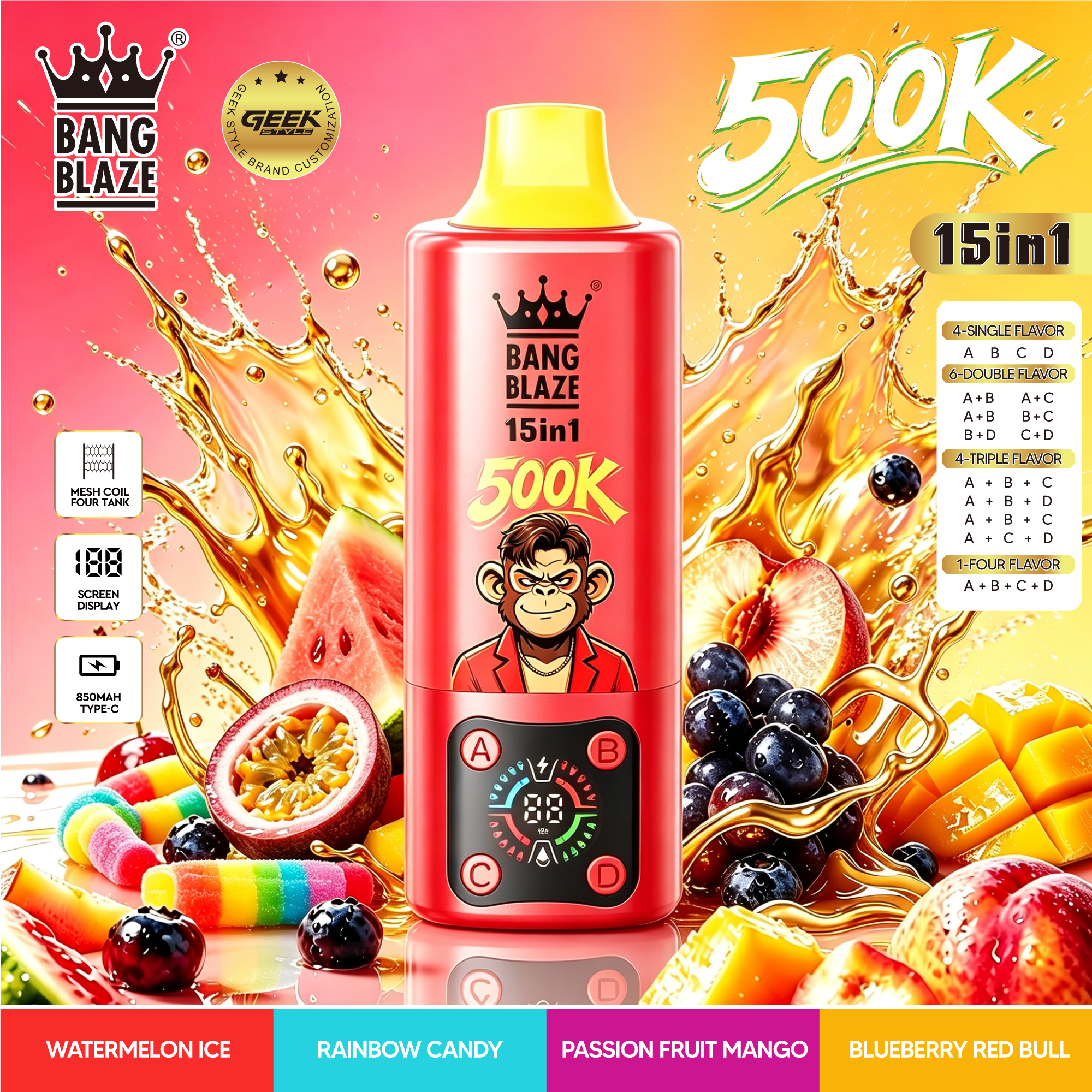 Bang Blaze 500000 500K Puffs, Disposable Vape 15 in 1 Flavor, 90ml Eliquid, 850mAh Battery, 10 Flavors - Yohongvape wholesale disposable vape