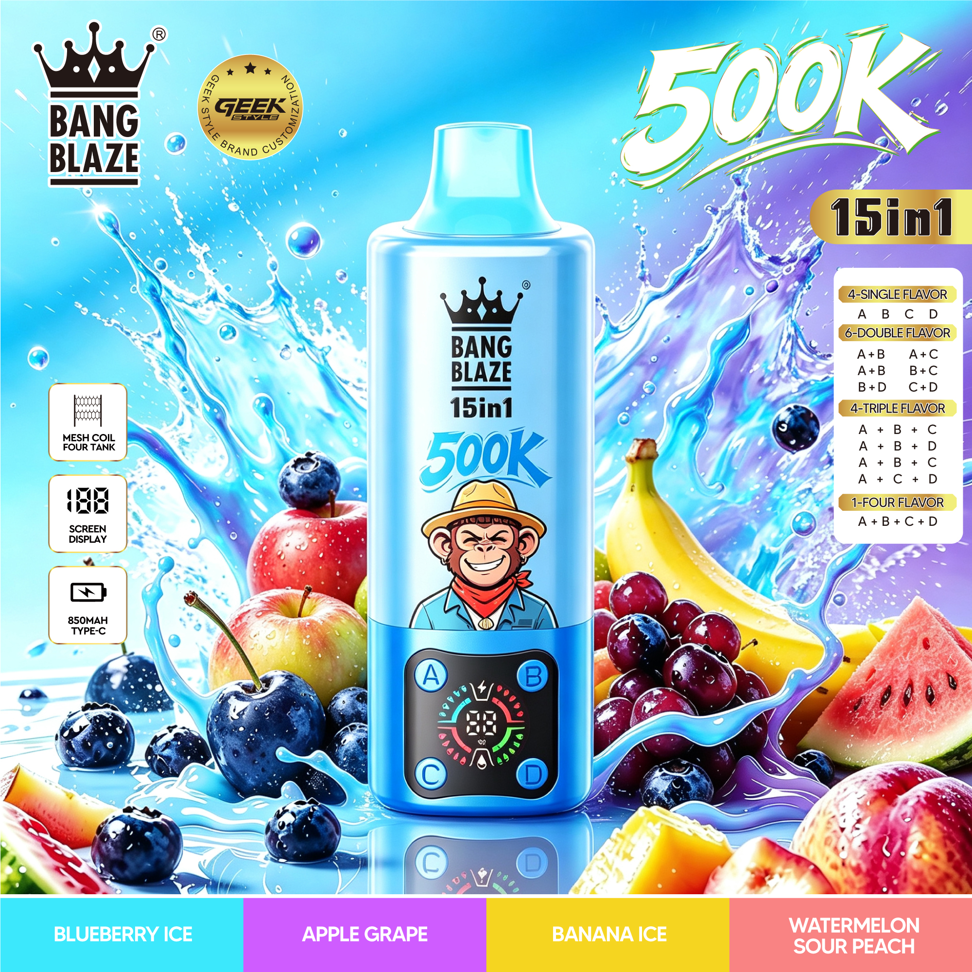 Bang Blaze 500000 500K Puffs, Disposable Vape 15 in 1 Flavor, 90ml Eliquid, 850mAh Battery, 10 Flavors - Yohongvape wholesale disposable vape
