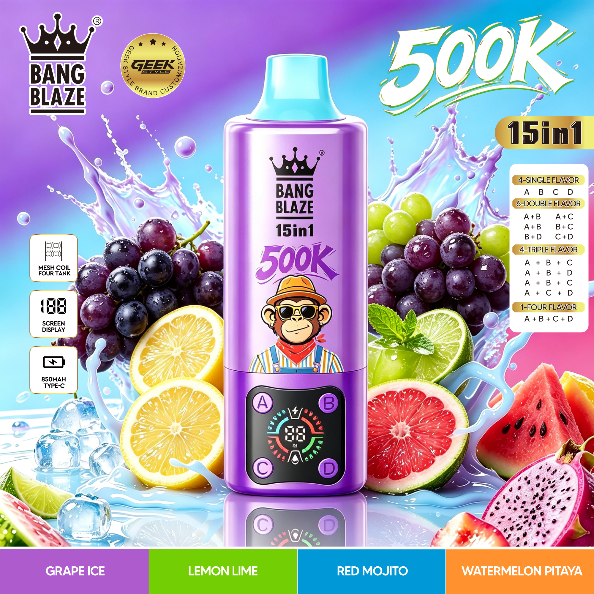 Bang Blaze 500000 500K Puffs, Disposable Vape 15 in 1 Flavor, 90ml Eliquid, 850mAh Battery, 10 Flavors - Yohongvape wholesale disposable vape