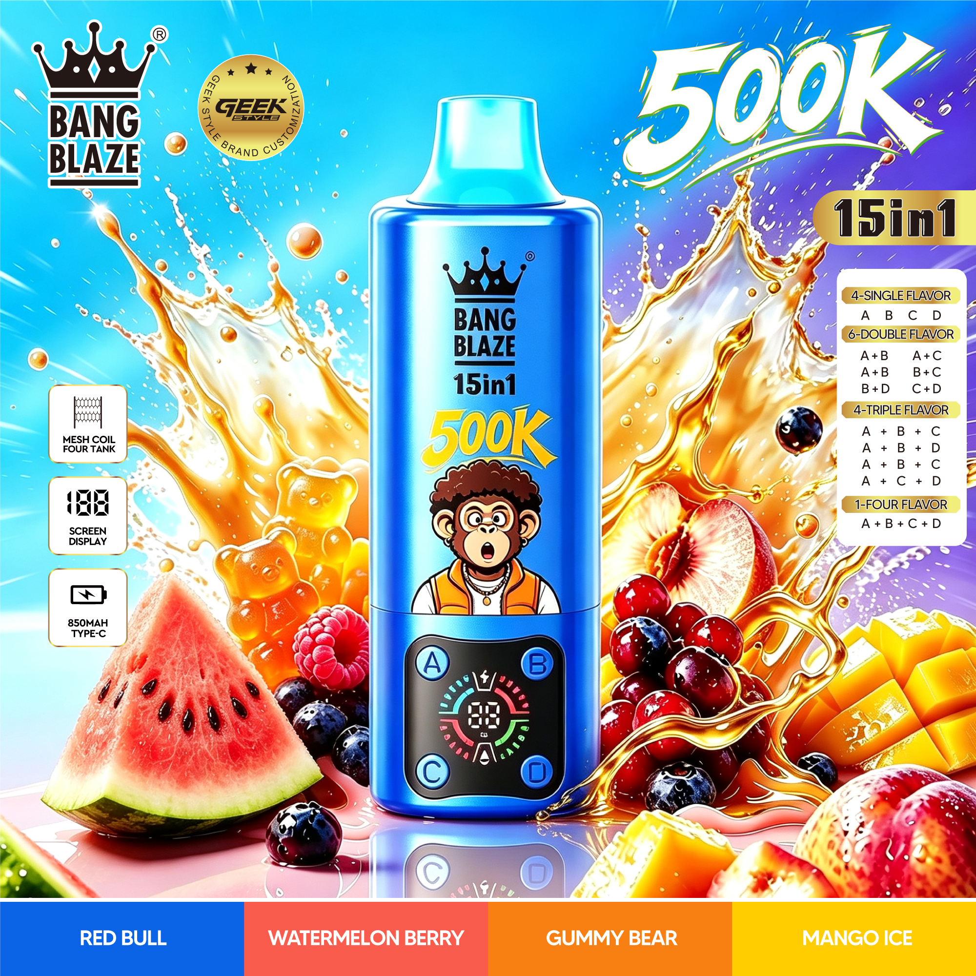 Bang Blaze 500000 500K Puffs, Disposable Vape 15 in 1 Flavor, 90ml Eliquid, 850mAh Battery, 10 Flavors - Yohongvape wholesale disposable vape