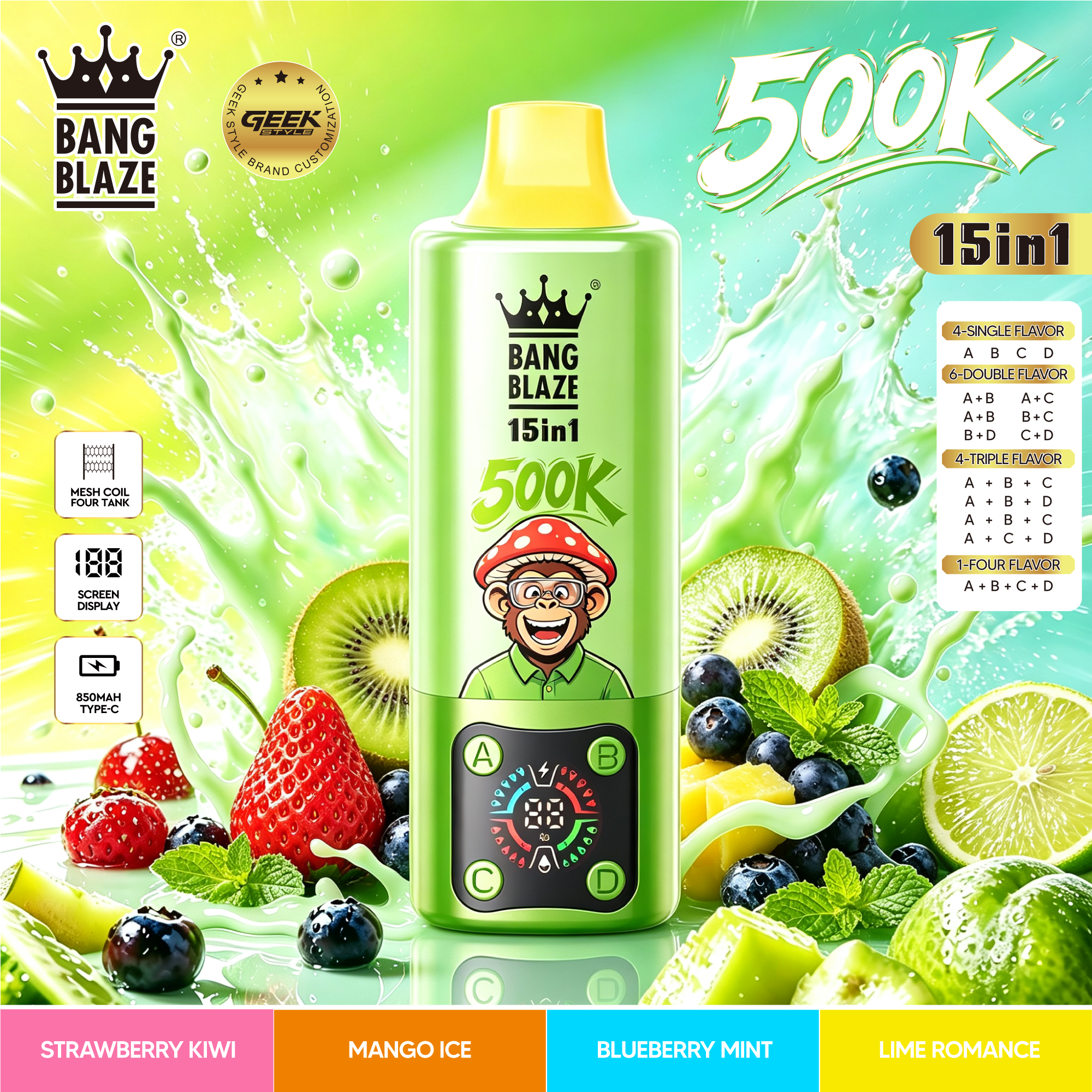 Bang Blaze 500000 500K Puffs, Disposable Vape 15 in 1 Flavor, 90ml Eliquid, 850mAh Battery, 10 Flavors - Yohongvape wholesale disposable vape